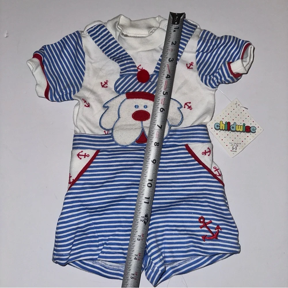 NWT VTG CHILDWISE Puppy Sailor OVERALLS SHORTS SHORTALLS Striped TEE Sz 6/9M